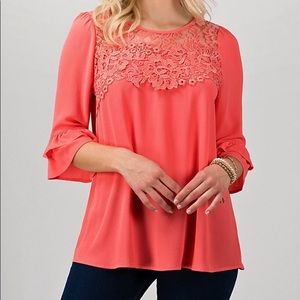 Coral blouse with lace details, 3/4 sleeves, NWT